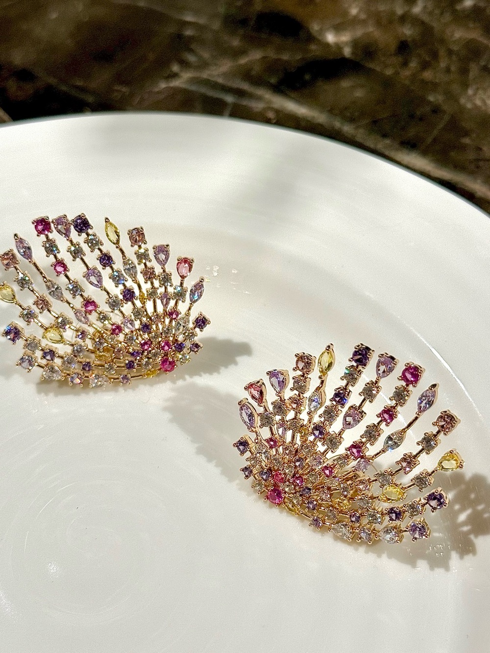 Gold-Tone Fan Statement Stud Earrings Multicolor Cubic Zirconia